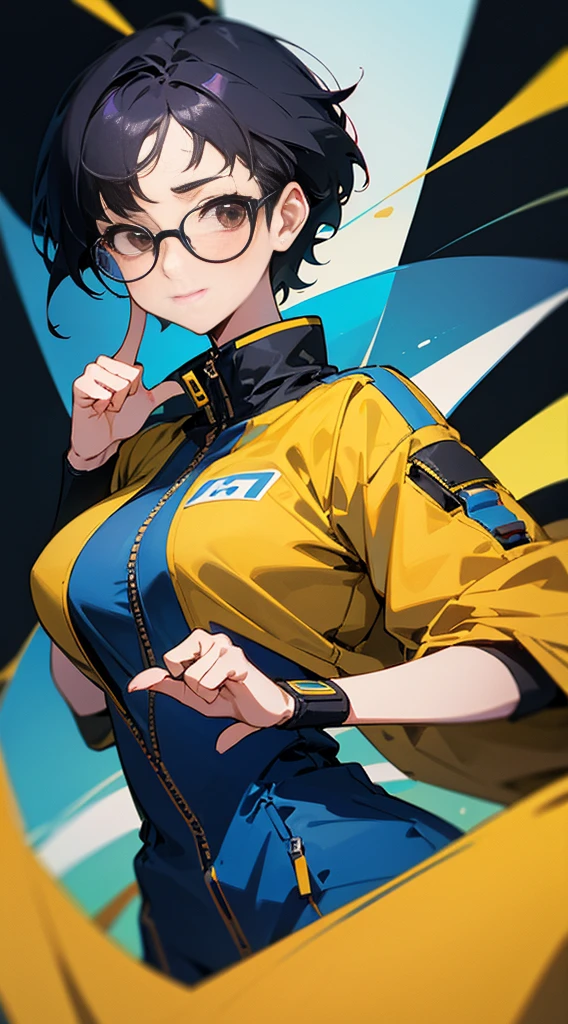 Top Quality, 8K, 4K, High Definition, Detail, (better-quality, 8K, 12), top-quality, 1 girl,only showing her face, she has Black hair, wearing a yellow pin on her right side of her hair, she has her hands together, she looking at you, she is smiling at you, medium breast, (her jacket color dark blue and light blue with a black zipper), brown eyes, showing her face and chesat, short hair long as her neck, (only showing half of her body) her jacket is loose. she is wearing earing only right ear shaped has a heart, she has her hand up making a pose, get closer to see up close of her face, she making a pose, she making pose her finger, she is wearing glasses, Japanese face, big , very embarrassment, blussing,