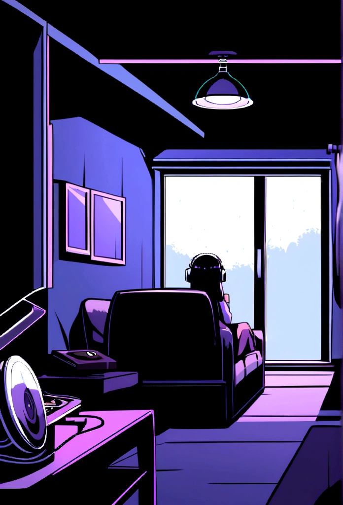 night、Girl listening to music in a cozy room, Use headphones, 2D Style Anime, Lo-Fi, hard disk, Dark Environment