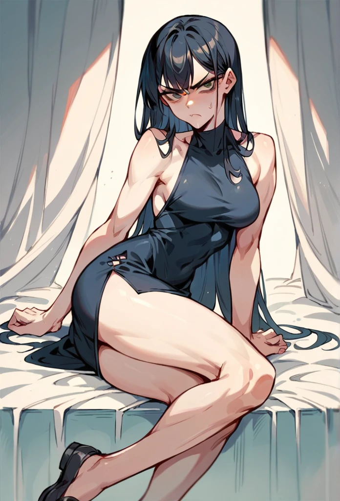 Create a cute tsundere with black hair, sexy tsundere face, pale skin, black school clothes, toned legs, legs thick sexy dress