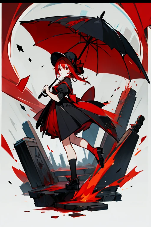 , Red hair, blood red eyes, black hat, red and black dress, black shoes with socks, black umbrella