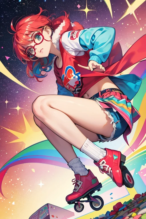  Her motif is Smarties. Smart Sk8er has red rollerskates and rainbow tights. She has rainbow short shorts with a red cover-up. Her top is white and says Smarties on it. She also wears thick red glasses. SPARKLE; GLITTER