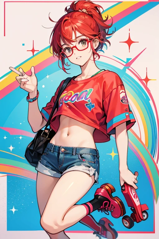 Her motif is Smarties. Smart Sk8er has red rollerskates and rainbow tights. She has rainbow short shorts with a red cover-up. Her top is white and says Smarties on it. She also wears thick red glasses. SPARKLE; GLITTER