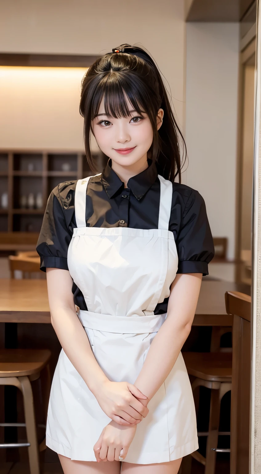 (Highest quality,masterpiece:1.3,Ultra-high resolution,),(Very detailed,Caustics),(Realistic:1.4,RAW shooting,)Ultra-Realistic Capture,Very detailed,High resolution 16k human skin closeup。 Natural skin texture、,pores、、、、It must be detailed enough to be easily identifiable。 Skin tone is even and healthy looking。 Use natural light and color,restaurant,Waitress Uniform,1 girl,Japanese,18-year-old,cute,Black-haired,ponytail,Big Breasts,smile,Turn your body forward,(Front view:1.1),Looking into the camera,Cowboy Shot,