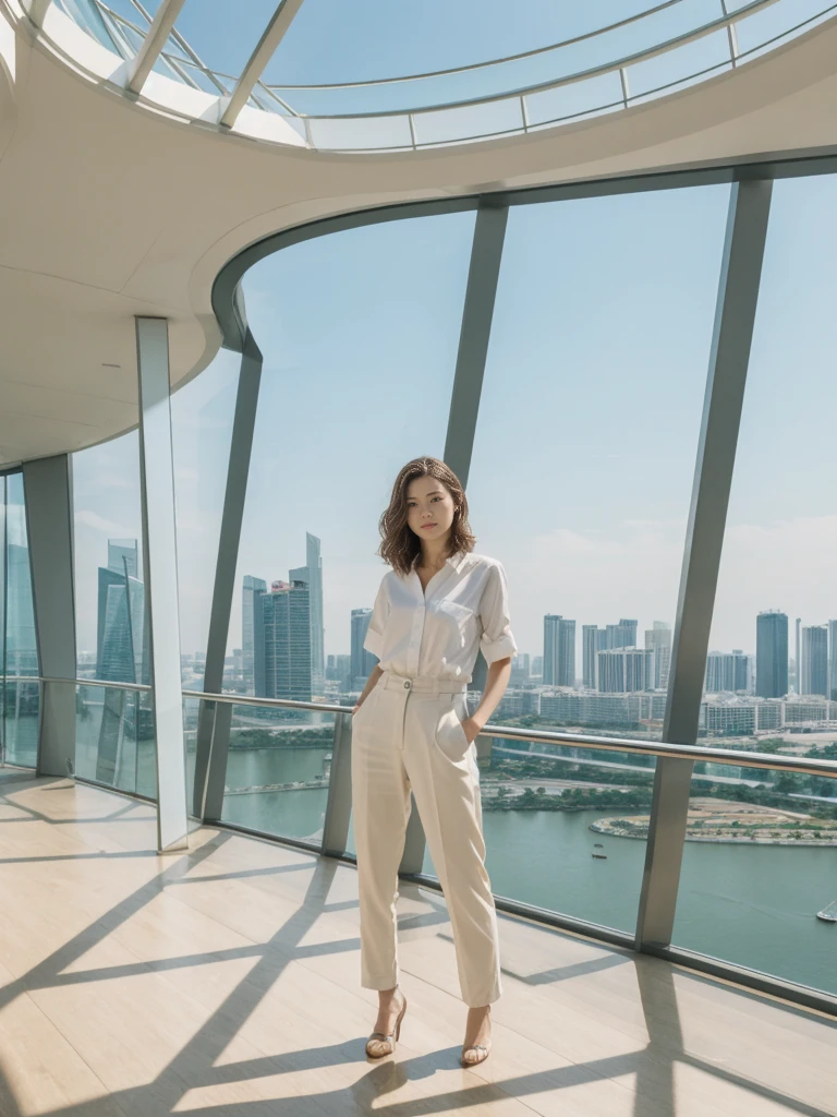 her name is Asako, high quality, 1girl, ((20-year-old fit Caucasian woman)), ((20 years old)), ((slim)), ((Wavy Bob)), pose: standing, wearing stylish fashionable Generation-Z modern wear colored, BACKGROUND:"In the futuristic interior of Marina Bay Sands, with its infinity pool overlooking the skyline, high-end shops, and the SkyPark observation deck."