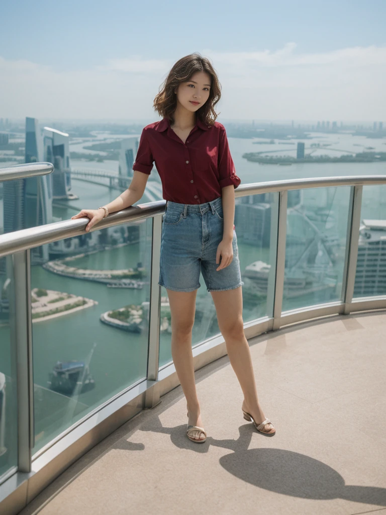 her name is Asako, high quality, 1girl, ((20-year-old fit Caucasian woman)), ((20 years old)), ((slim)), ((Wavy Bob)), pose: standing, wearing stylish fashionable Generation-Z modern wear colored, BACKGROUND:"In the futuristic interior of Marina Bay Sands, with its infinity pool overlooking the skyline, high-end shops, and the SkyPark observation deck."