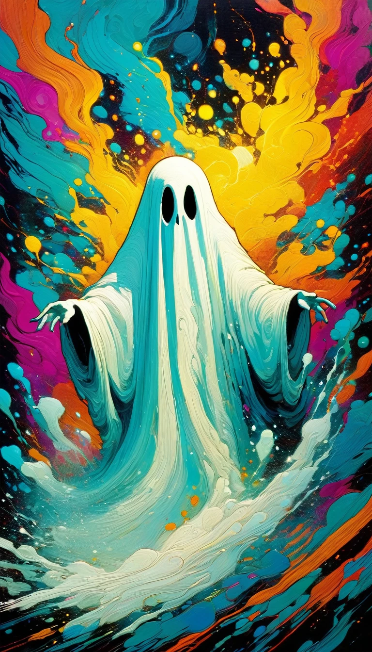 a ghost, oil painting, pop art style, vibrant colors, dynamic composition, Skottie Young and Bill Sienkiewicz inspired, detailed textures, dramatic lighting, surreal elements, fantastical creatures, bold brushstrokes, striking contrast, whimsical atmosphere, dreamlike quality, (best quality,4k,8k,highres,masterpiece:1.2),ultra-detailed,(realistic,photorealistic,photo-realistic:1.37)