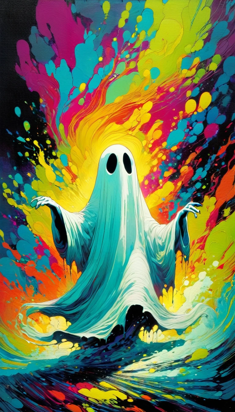 a ghost, oil painting, pop art style, vibrant colors, dynamic composition, Skottie Young and Bill Sienkiewicz inspired, detailed textures, dramatic lighting, surreal elements, fantastical creatures, bold brushstrokes, striking contrast, whimsical atmosphere, dreamlike quality, (best quality,4k,8k,highres,masterpiece:1.2),ultra-detailed,(realistic,photorealistic,photo-realistic:1.37)