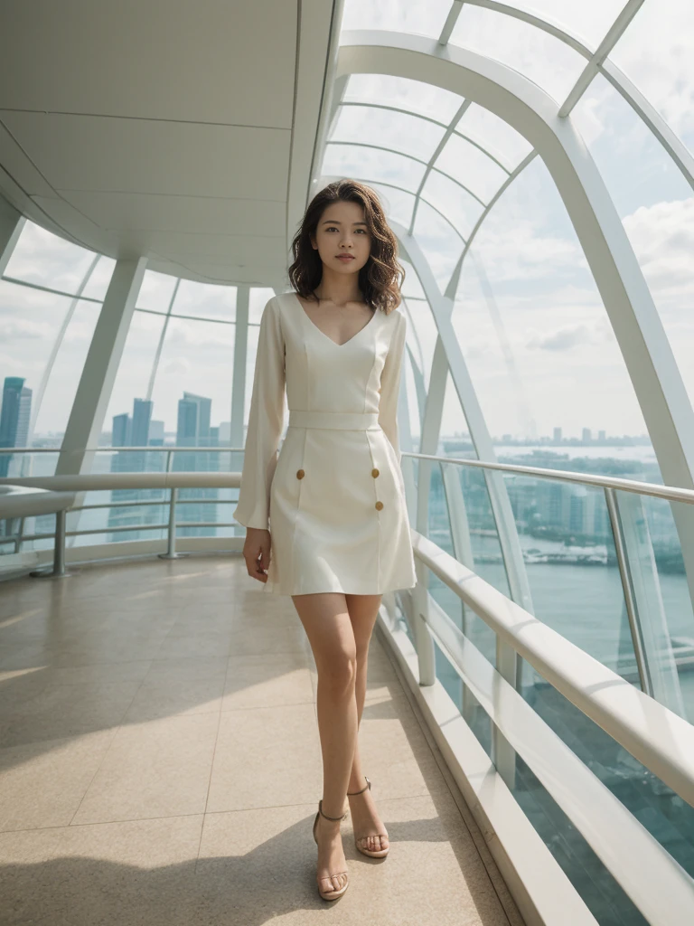 her name is Asako, high quality, 1girl, ((20-year-old fit Caucasian woman)), ((20 years old)), ((slim)), ((Wavy Bob)), pose: standing, wearing stylish fashionable Generation-Z modern wear colored, BACKGROUND:"In the futuristic interior of Marina Bay Sands, with its infinity pool overlooking the skyline, high-end shops, and the SkyPark observation deck."