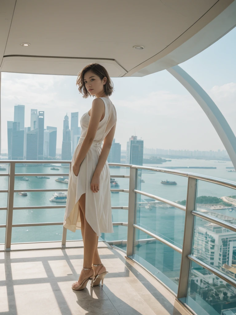 her name is Asako, high quality, 1girl, ((20-year-old fit Caucasian woman)), ((20 years old)), ((slim)), ((Wavy Bob)), pose: standing, wearing stylish fashionable Generation-Z modern wear colored, BACKGROUND:"In the futuristic interior of Marina Bay Sands, with its infinity pool overlooking the skyline, high-end shops, and the SkyPark observation deck."