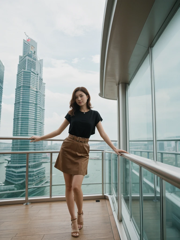her name is Asako, high quality, 1girl, ((20-year-old fit Caucasian woman)), ((20 years old)), ((slim)), ((Wavy Bob)), pose: standing, wearing stylish fashionable Generation-Z modern wear colored, BACKGROUND:"In the futuristic interior of Marina Bay Sands, with its infinity pool overlooking the skyline, high-end shops, and the SkyPark observation deck."