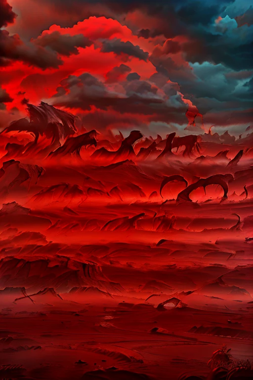 intense rain of blood, blood red color, high quality, realism, landscape, red clouds, crimson sky