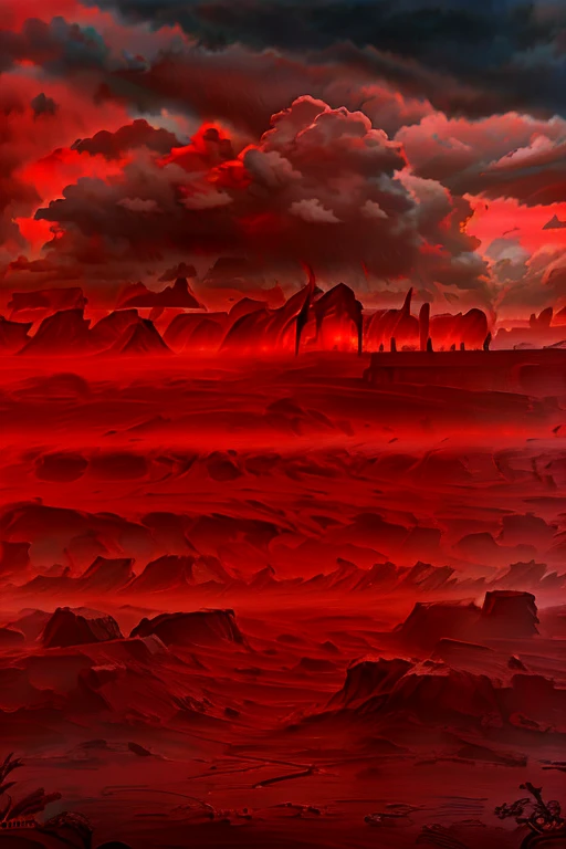 intense rain of blood, blood red color, high quality, realism, landscape, red clouds, crimson sky