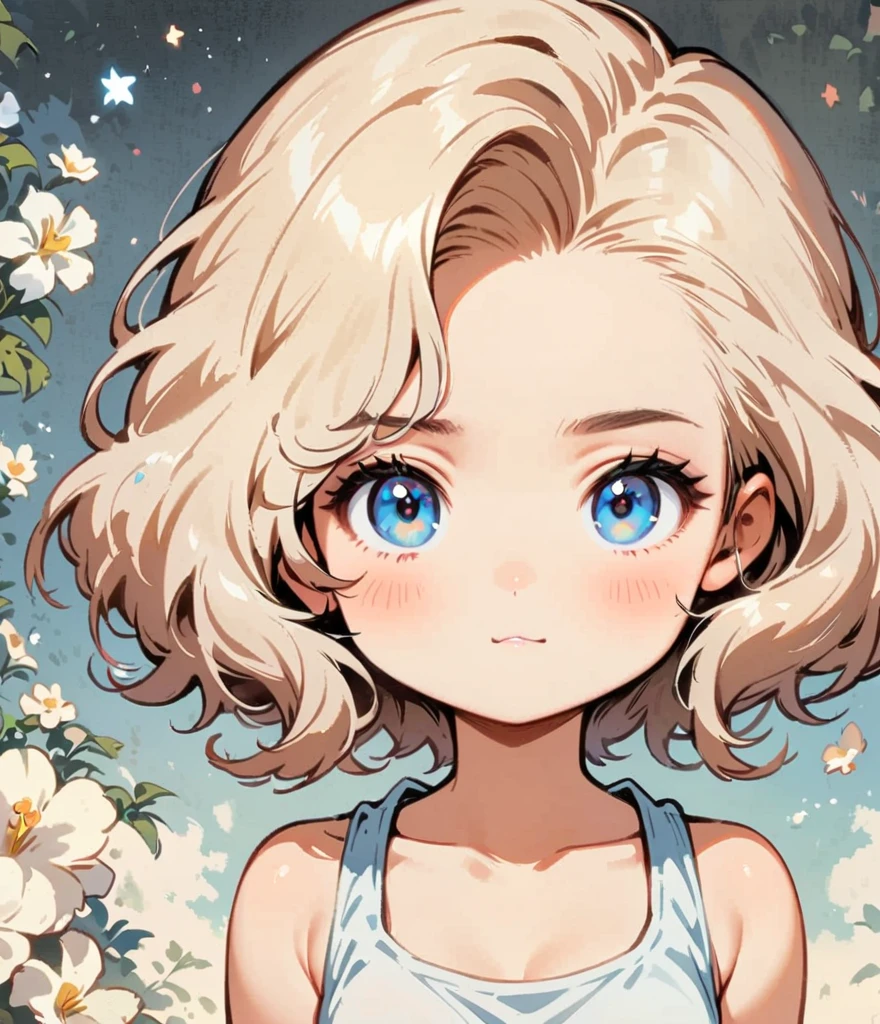 Gardenia flower、large white flowers、Cartoon style character design,1 Girl, alone,Cool expression,Tank top,Clean Lines