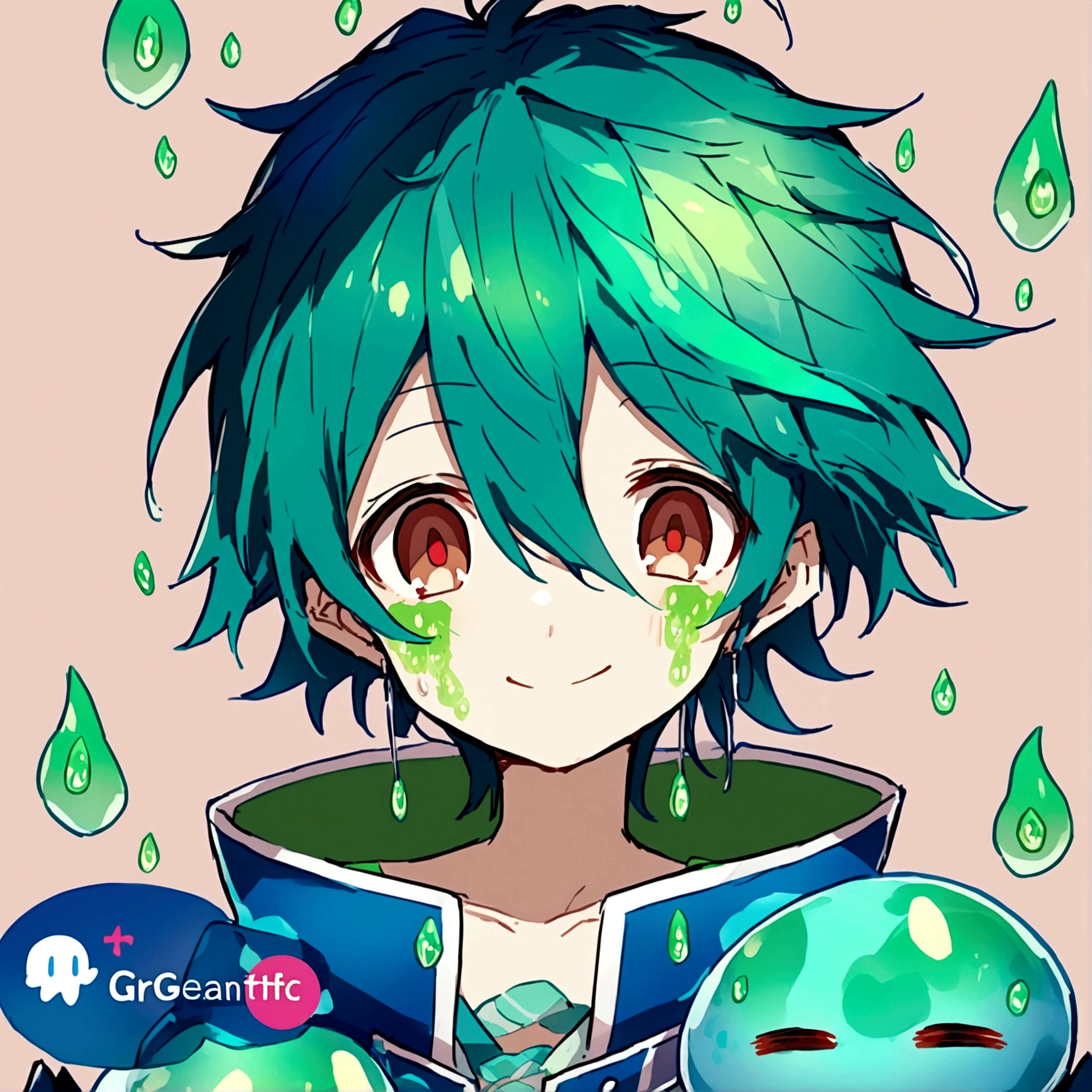 An anime teenager sl with a green skin, brown eyes and a blue/green hair color.