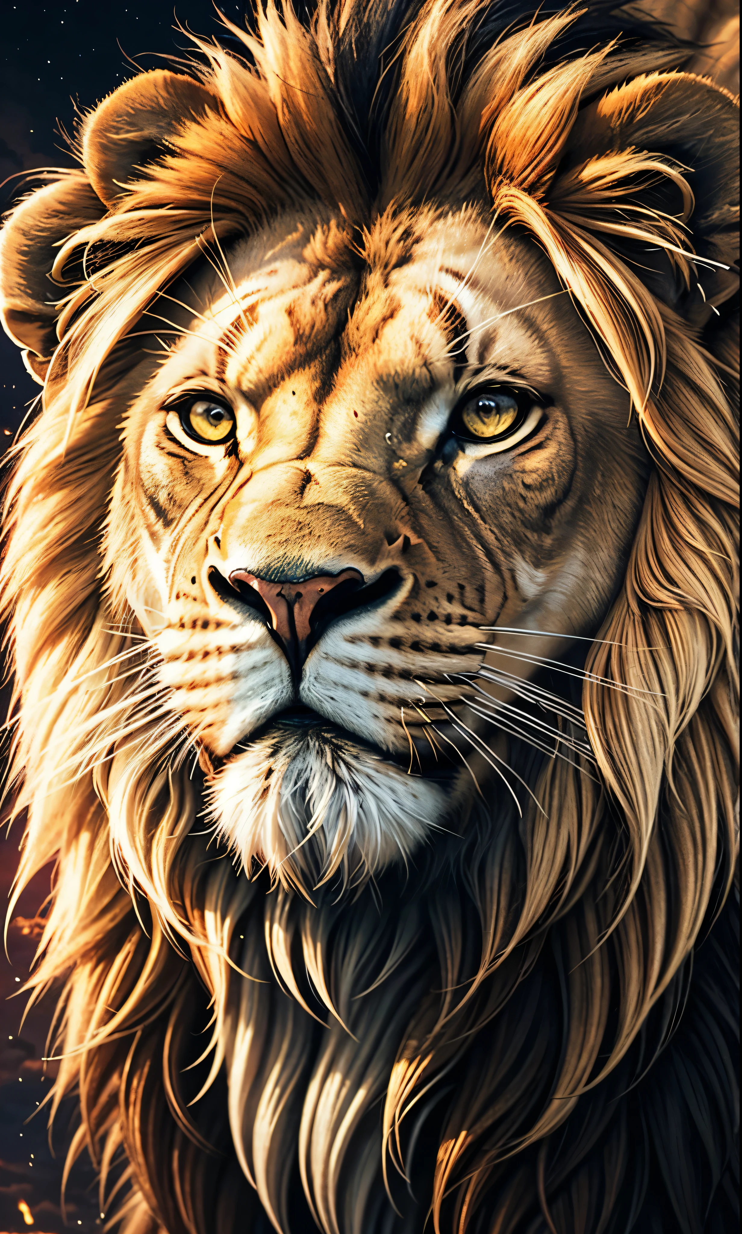 Lion, Divine Lion, naturals, naturals, ferocious, masculine, mighty, golden lion, Thunder Storm, fire rays, Photorealistic Lion, 4K PhotoRealism, Energy, Powerful Lion, Beautiful nature, Great Realistic Lion, FullHD 8K, Sky ligh, Sunset Night, Ligh Sky Sun, Balck Golden, black andwhite, black and gold, detailed realistic face, 8K Detailed Realistic White Lion, Ultrarealistic 8k |, Energia de thunder realista detalhada, Strong Creature realista detalhada, Strong Creature, Lion macho, Rendering, Fotorrealista 8K, UltraHD Alta definição 8K, Detailed Realistic 16K, Nitidez Fotorrealista 8K, 16K photorealistic textures, Contraste Fotorrealista 8K, Sombras Fotorrealistas 8K, Luzes Fotorrealistas 8K, Detailed realistic sunset, Detailed Realistic Lion Face, Detailed realistic light, detailed textures, thunder, detailed shadows, detailed colors, Celestial Electricity, Golden thunder, Lion realista, Ultra Realistic 16K, Realistic 16K, Realistic 16K sharpness, 16K photorealistic textures, 16K realistic colors, powerful creature, Majestic power, Power of Heaven, Great Divine, detailed contrast, realistic contrast, high resolution, detailed colors, fire, villany, divine creature, 8K, realistic detailed, 16K, 8K, High definition, detailed contrast, realistic contrast, high resolution, detailed colors, fire, villany, divine creature, realistic detailed, posh, chic