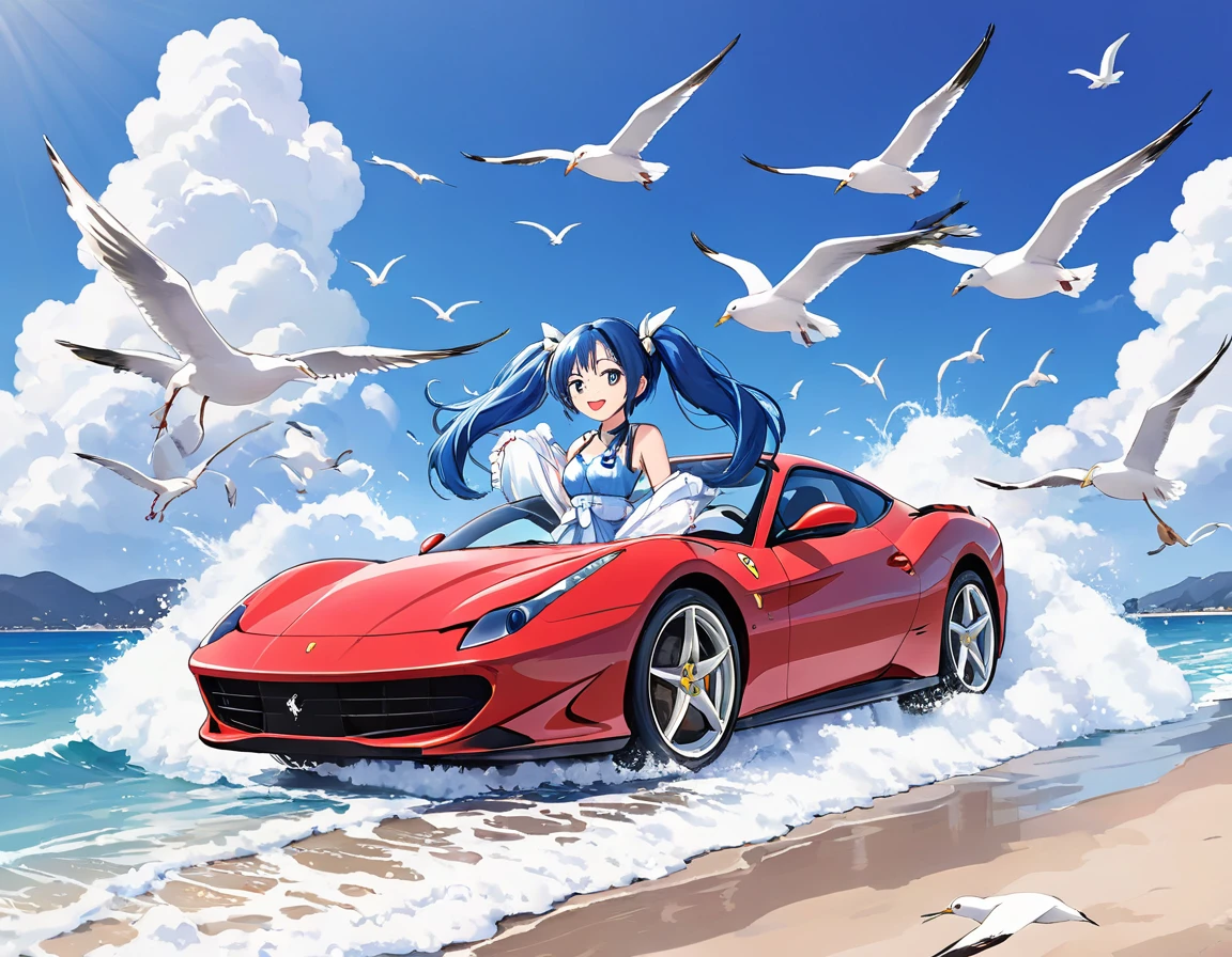 Drive along the beach in a Ferrari、Blue long hair、Beautiful girl with twin tails、Bigger in the center、Splash art that makes you feel the wind、Splash、blue sky、White cloud、Bright smile、Seagulls are flying