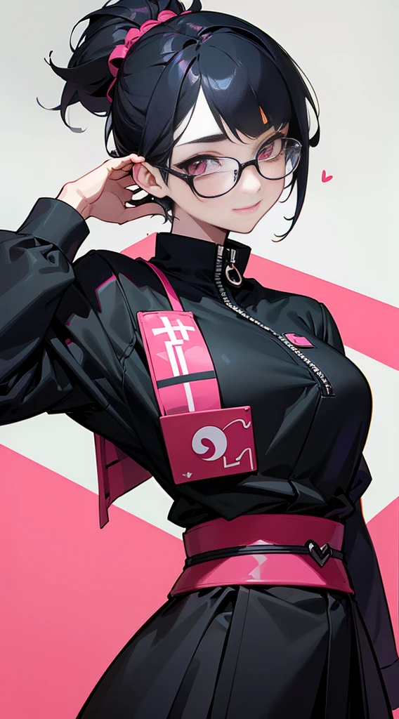 Top Quality, 8K, 4K, High Definition, Detail, (better-quality, 8K, 12), top-quality, 1 girl、only showing her face, she has Black hair, wearing a yellow pin on her right side of her hair, she has her hands together, she looking at you, she is smiling at you, medium breast, her jacket color dark gray with a pink zipper, pink eyes, showing her face and chesat, short hair long as her neck, (only showing half of her body) her jacket is loose. she is wearing earing only right ear shaped has a heart, she has her hand up making a pose, get closer to see up close of her face, she making a pose, she making pose her finger, wearing glasses, japanses face, had smile, your closset is are medieval