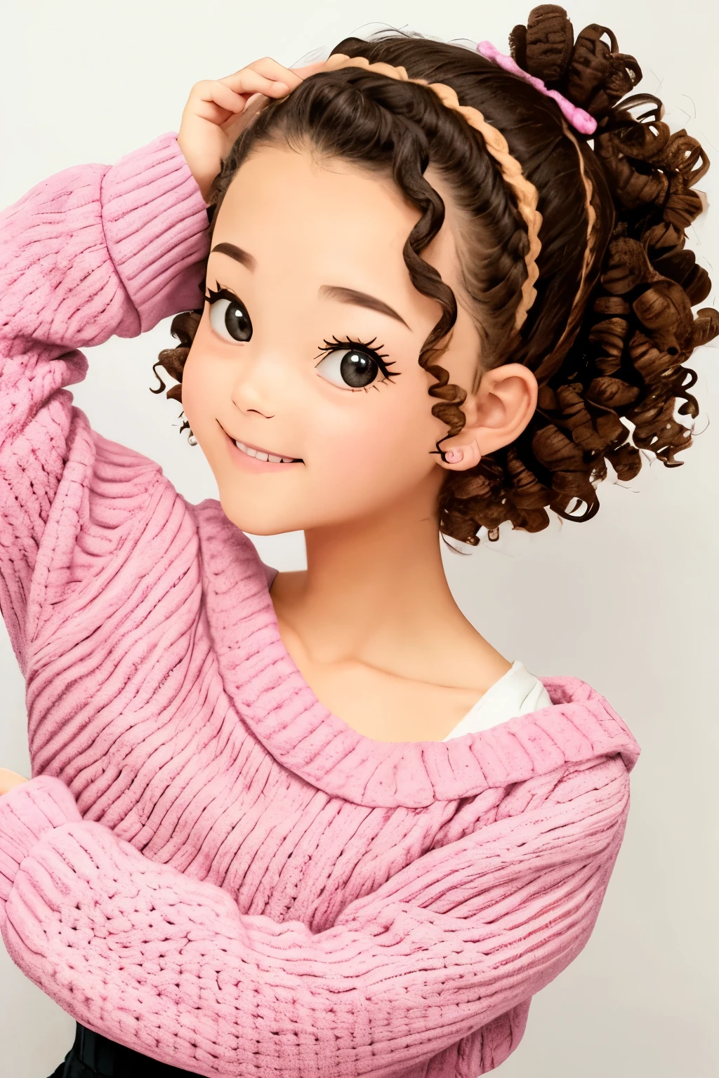 Shoulder sweater, Curly shorthair, hair scrunchie, Twin-tailed, kawaii pose、A face and pose that expresses deliciousness