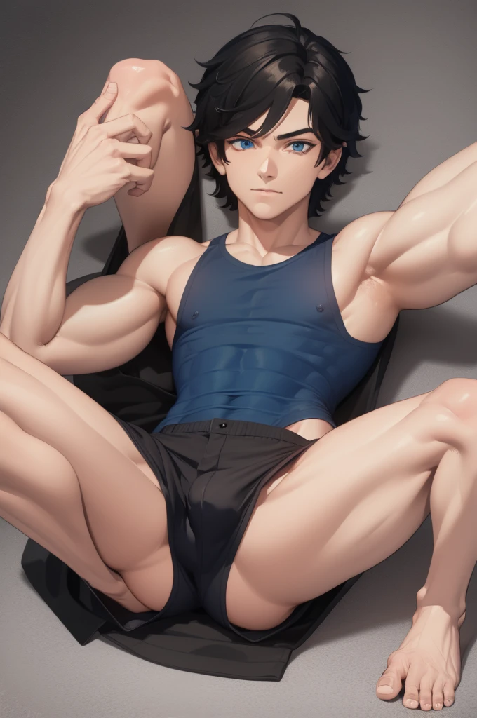 Detailed black hair boy, detailed blue eyes, muscular, sexy, wearing short blue shorts, barefoot
