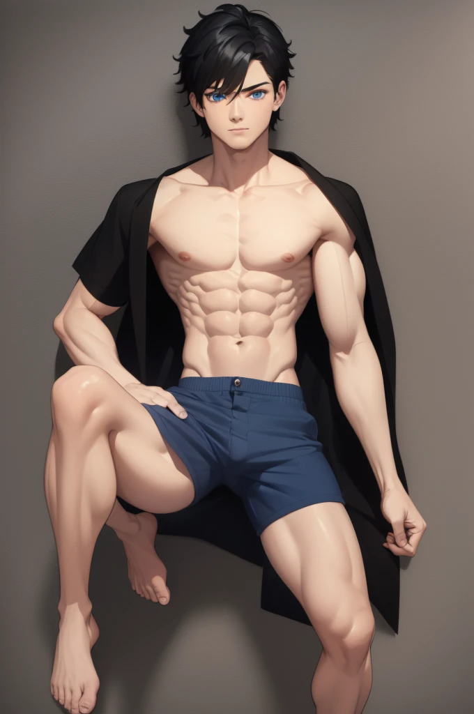 Detailed black hair boy, detailed blue eyes, muscular, sexy, wearing short blue shorts, barefoot