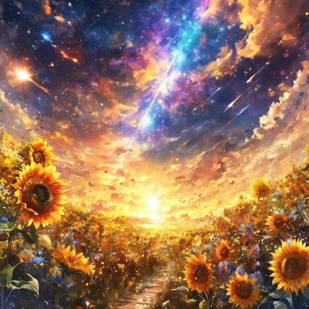 masterpiece, concept art, panorama, in the center, figure, wide shot, flower garden, night, (Meteors), Space galaxy background, (magnificent composition, epic proportions), dynamic lighting, Bright colors, sunflower blossoms,landscape