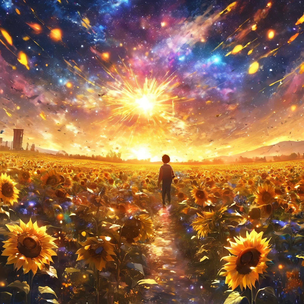 masterpiece, concept art, panorama, in the center, figure, wide shot, flower garden, night, (Meteors), Space galaxy background, (magnificent composition, epic proportions), dynamic lighting, Bright colors, sunflower blossoms,landscape