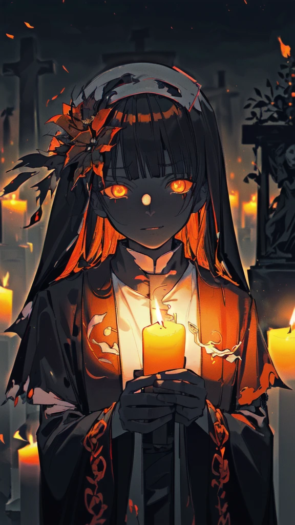 (Depth of field:1.4),(blur:1.3),(night:1.4),(dark:1.4),(Very detailed:1.4),(a high resolution:1.1),
(A ghostly funeral procession marches through a cemetery., led by a ghostly priest.:1.2),
1 Girl,(medium sized glowing orange eyes:1.3),(Rusty obi pin with flowers and torn silk vest with embroidery:1.3),
(Lit by a single candle, showing an ominous facial expression.:1.3),