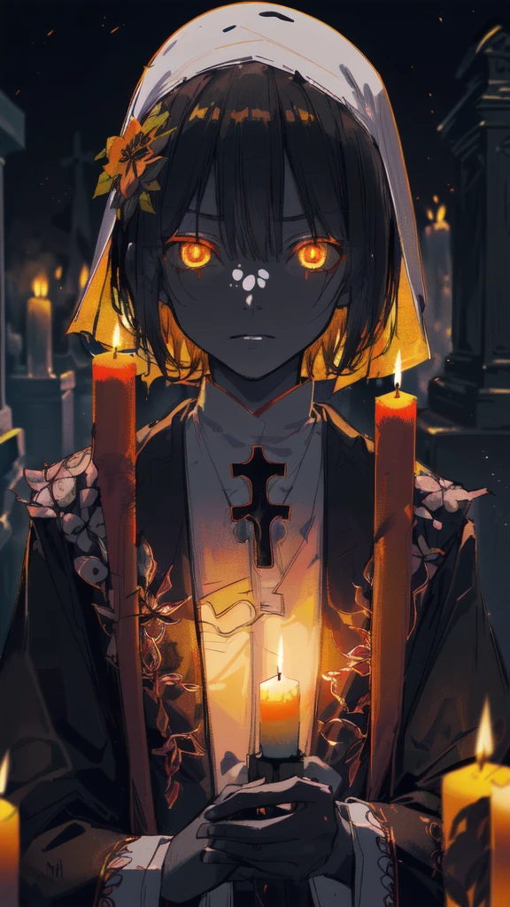 (Depth of field:1.4),(blur:1.3),(night:1.4),(dark:1.4),(Very detailed:1.4),(a high resolution:1.1),
(A ghostly funeral procession marches through a cemetery., led by a ghostly priest.:1.2),
1 Girl,(medium sized glowing orange eyes:1.3),(Rusty obi pin with flowers and torn silk vest with embroidery:1.3),
(Lit by a single candle, showing an ominous facial expression.:1.3),
