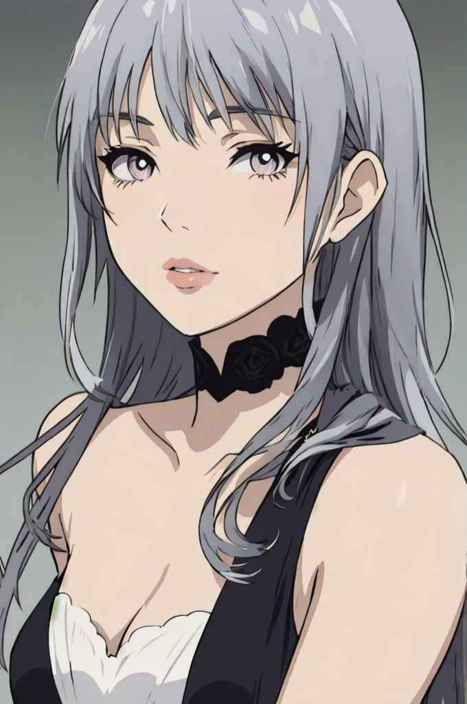 anime style, woman with long black hair, silver eyes, she wears a noble's elegant dress, lips, portrait,