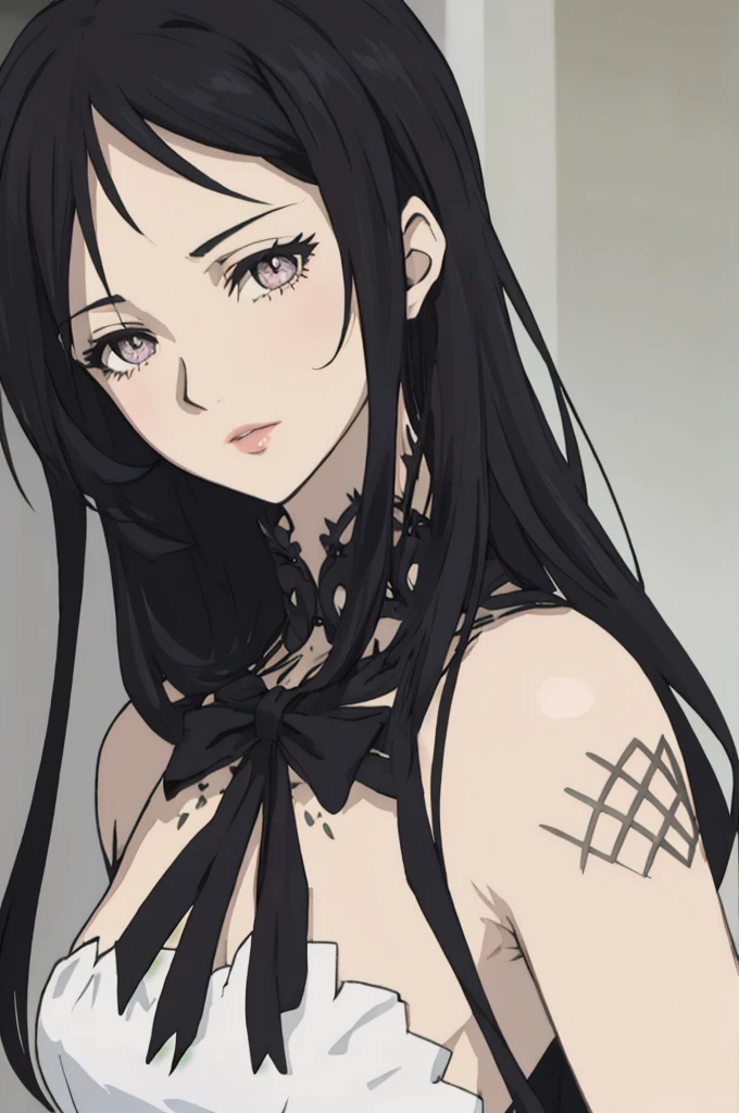 anime style, woman with long black hair, silver eyes, she wears a noble's elegant dress, lips, portrait,
