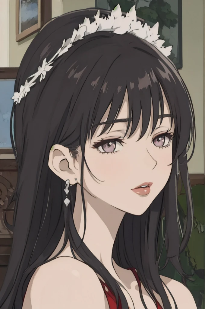 anime style, woman with long black hair, silver eyes, she wears a noble's elegant dress, lips, portrait,