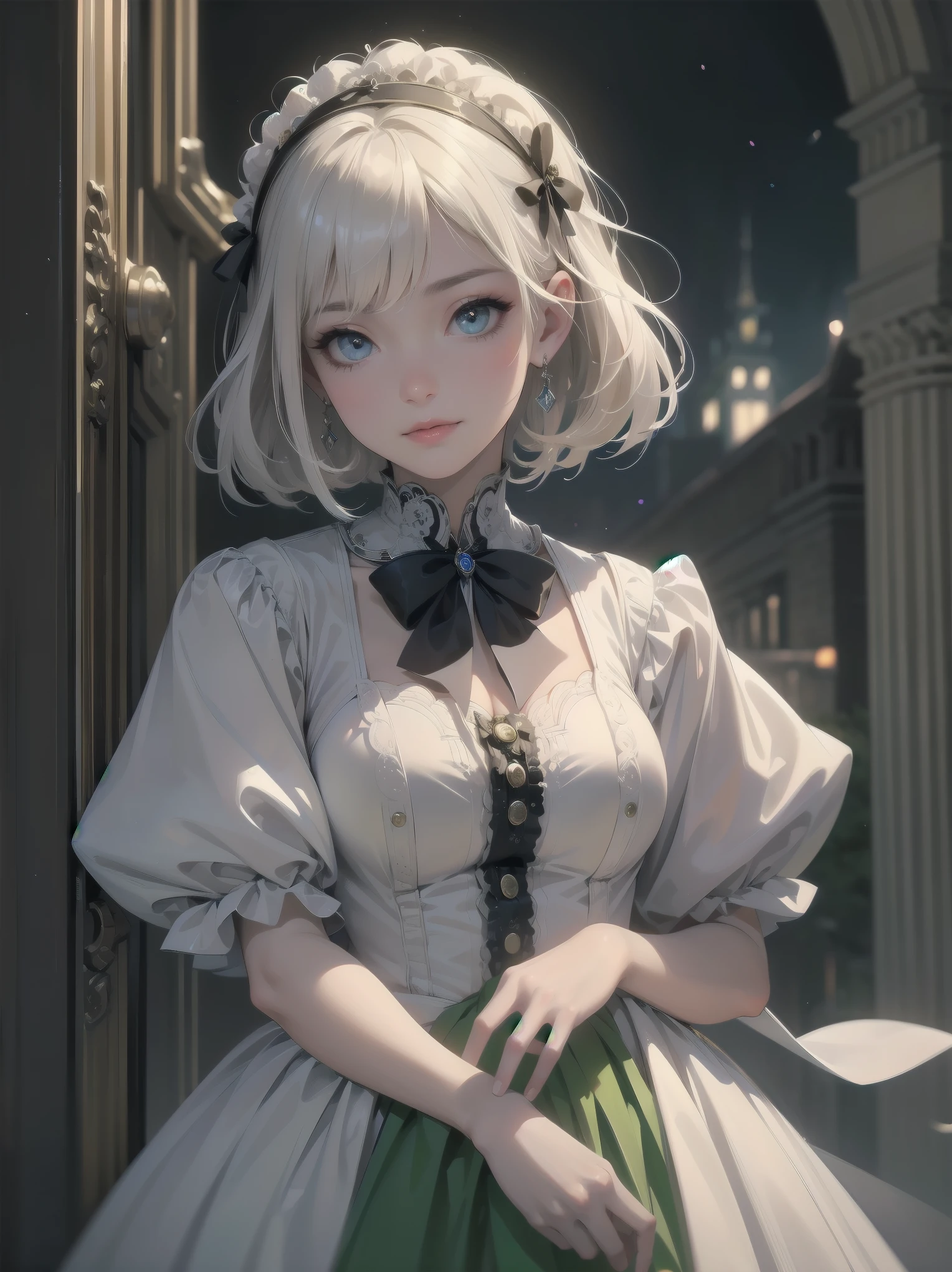 (Highest quality、16K、masterpiece、Ultra-high resolution、Victorian era、Photorealistic:1.2)、A delicate Lolita girl, , stands on a castle balcony at dusk, surrounded by the city's skyline and steampunk contraptions. Her platinum hair is messy, framing her androgynous charm. She wears a flowing white dress with a light green tie and holds a pocket watch in hand. A subtle smile plays on her lips as she gazes out at the night view, her eyes shining like sapphires. The air is filled with steam spewing from pipes, adding to the surreal atmosphere. Her skin glows with an ultra-dense texture, and her fingers are full and detailed.
