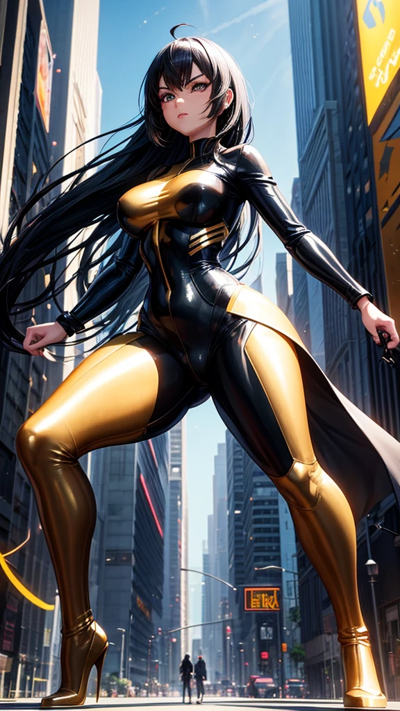 Create an anime cartoon style 3D image of a beautiful woman with black hair and golden honey eyes, with a beautiful golden black lycra carrying futuristic weaponry, great and creative dynamic poses in a city environment of intense neon microparticulate futuristic magic