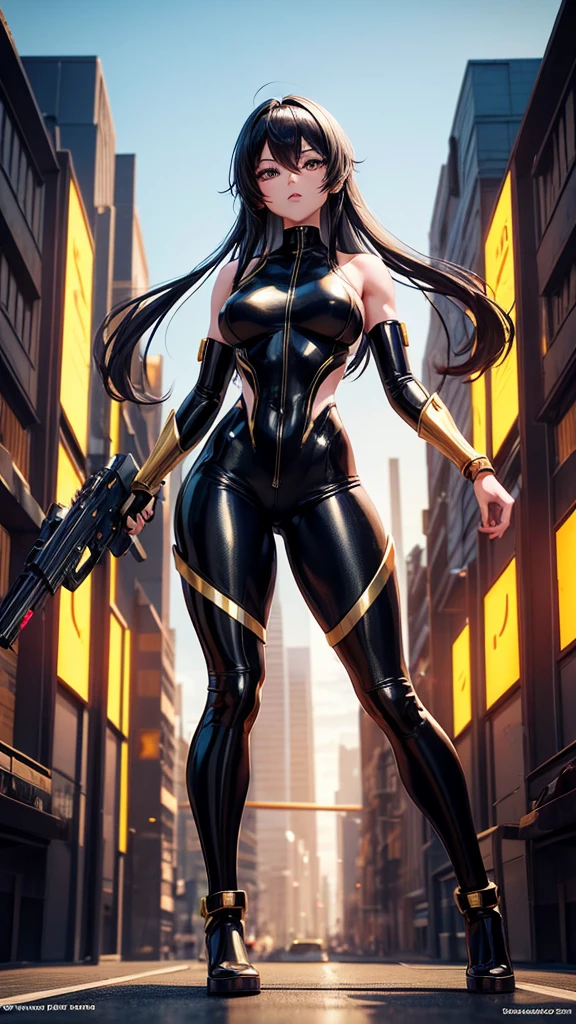 Create an anime cartoon style 3D image of a beautiful woman with black hair and golden honey eyes, with a beautiful golden black lycra carrying futuristic weaponry, great and creative dynamic poses in a city environment of intense neon microparticulate futuristic magic 