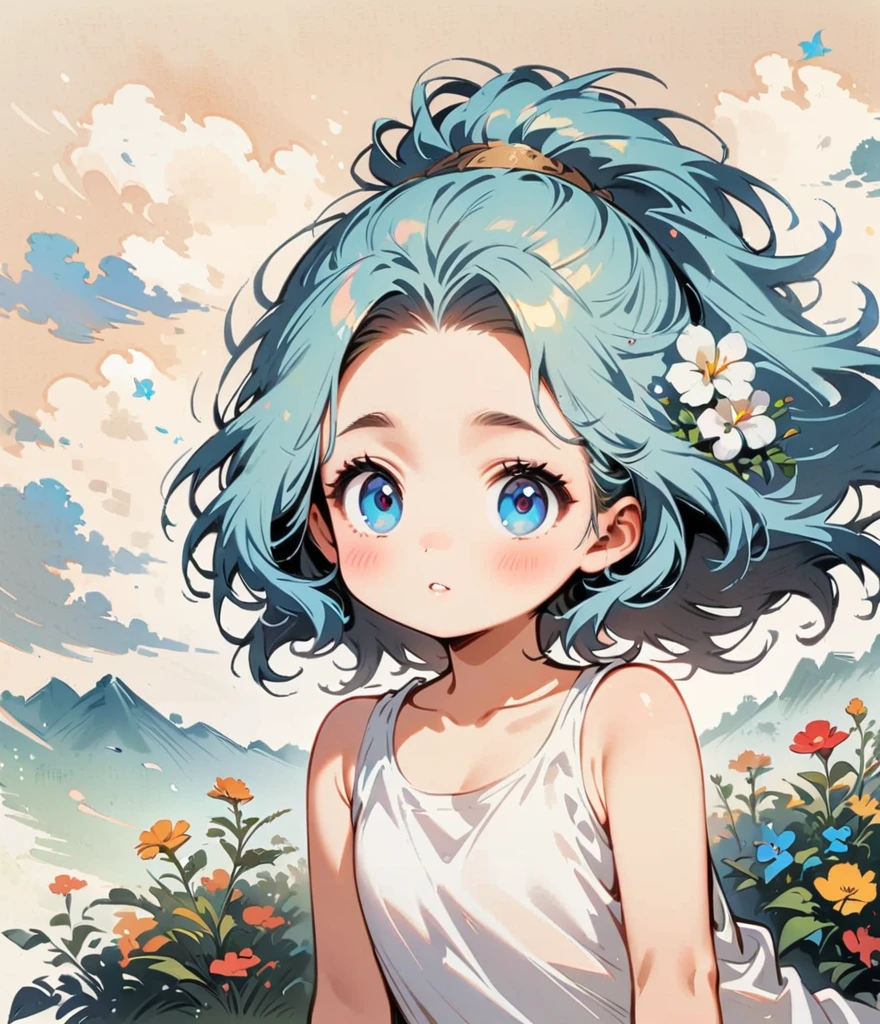 Gardenia flower、large white flowers、Cartoon style character design,1 Girl, alone,Big eyes,Cute expression,Tank top、interesting,interesting,Clean Lines