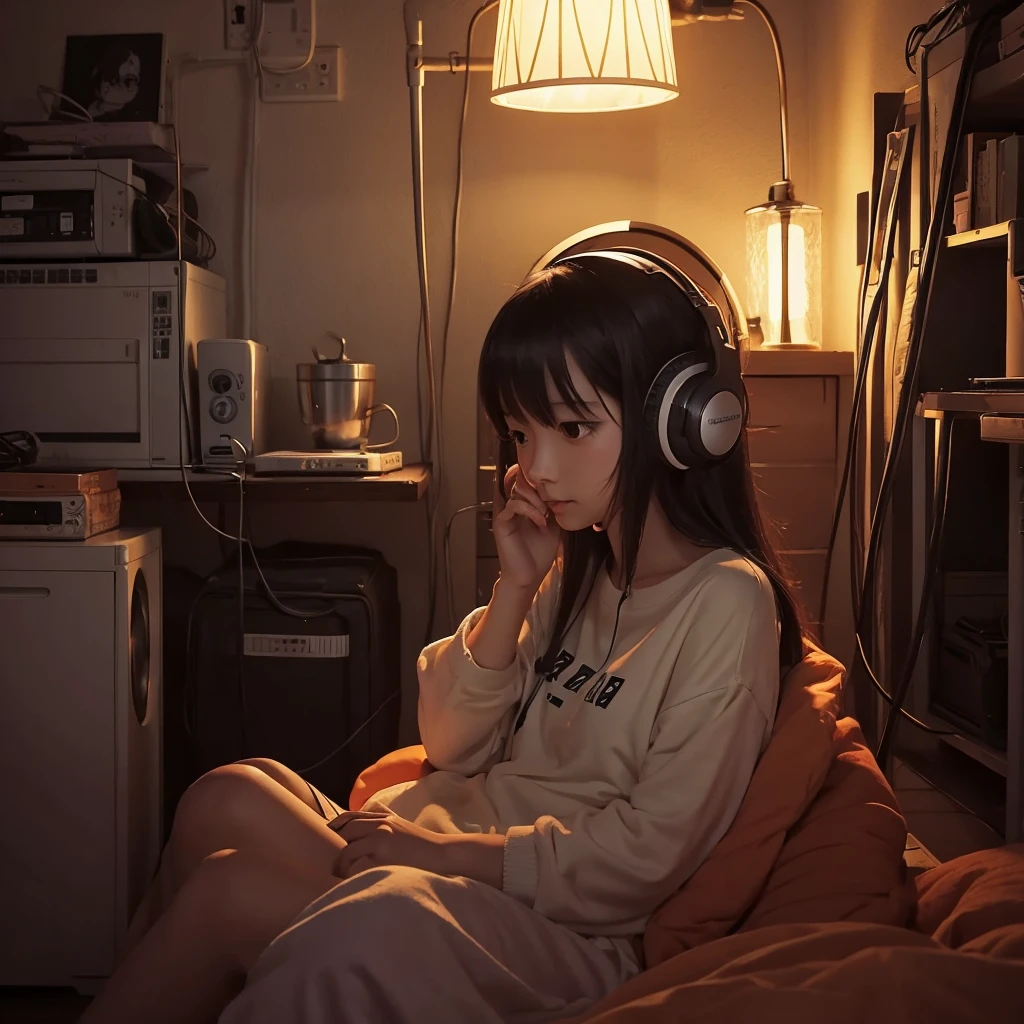 night、Girl listening to music in a cozy room, Use headphones, 2D Style Anime, Lo-Fi, hard disk, Dark Environment