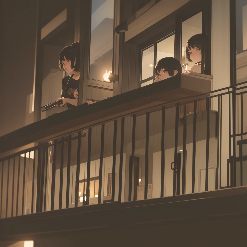 Girl with medium short black hair. At night on a balcony while smoking