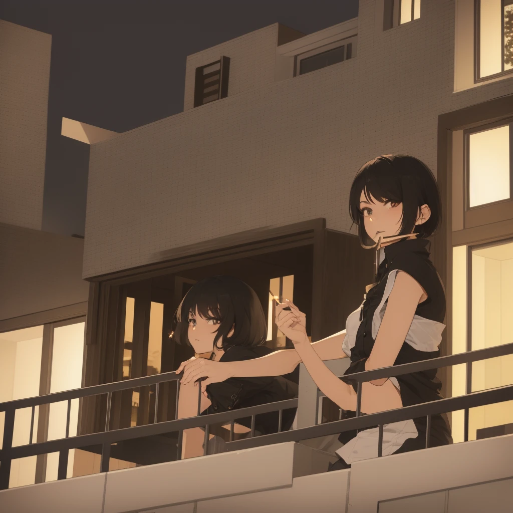 Girl with medium short black hair. At night on a balcony while smoking