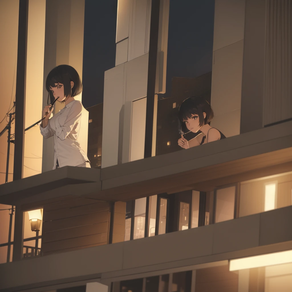 Girl with medium short black hair. At night on a balcony while smoking