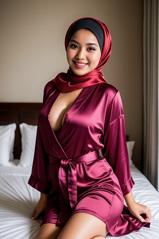 Malay girl in hijab wearing open sexy satin robe portrait photography, big breasts, mid shot photo, very detailed, professional photo with professional lighting, smile, lustful smile, bedroom background,(bokeh), passionate seductive pose, sexy