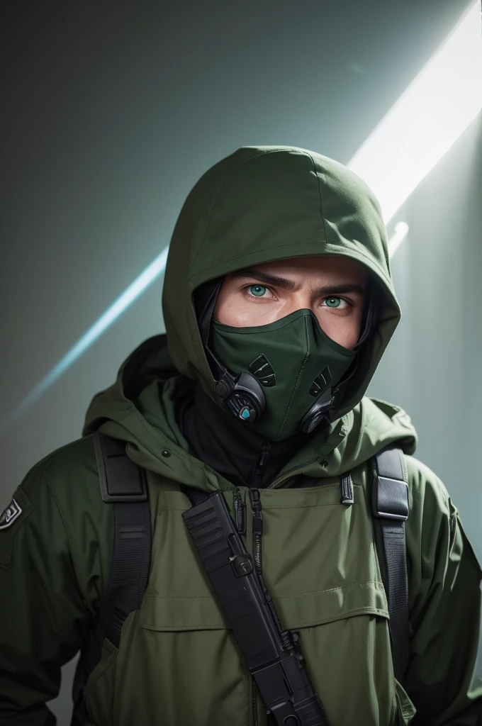 A hidden sniper wearing a skull mask with green eyes shooting small beams out of them 
