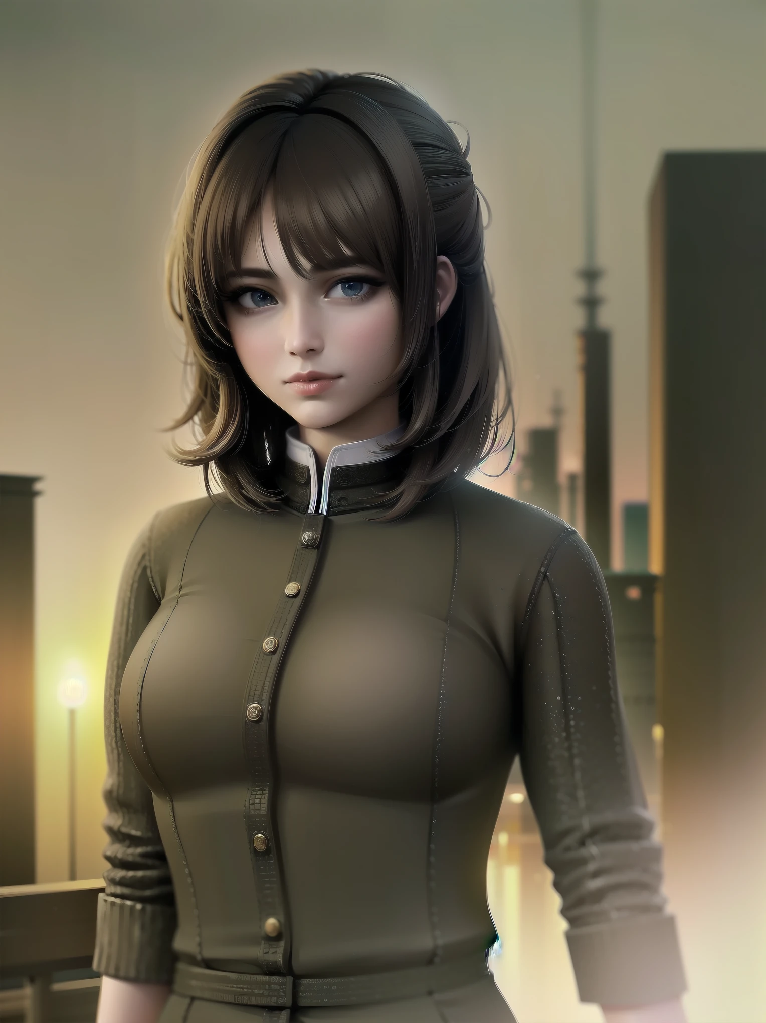 (Highest quality、16K、masterpiece、Ultra-high resolution、Victorian era、Photorealistic:1.2)、A delicate Lolita girl, aged 13, stands on a castle balcony at dusk, surrounded by the city's skyline and steampunk contraptions. Her platinum hair is messy, framing her androgynous charm. She wears a flowing white dress with a light green tie and holds a pocket watch in hand. A subtle smile plays on her lips as she gazes out at the night view, her eyes shining like sapphires. The air is filled with steam spewing from pipes, adding to the surreal atmosphere. Her skin glows with an ultra-dense texture, and her fingers are full and detailed.