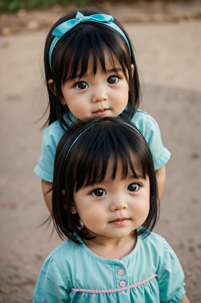 two year old girl, round face, rounded eyes, straight black hair, name Micaela.