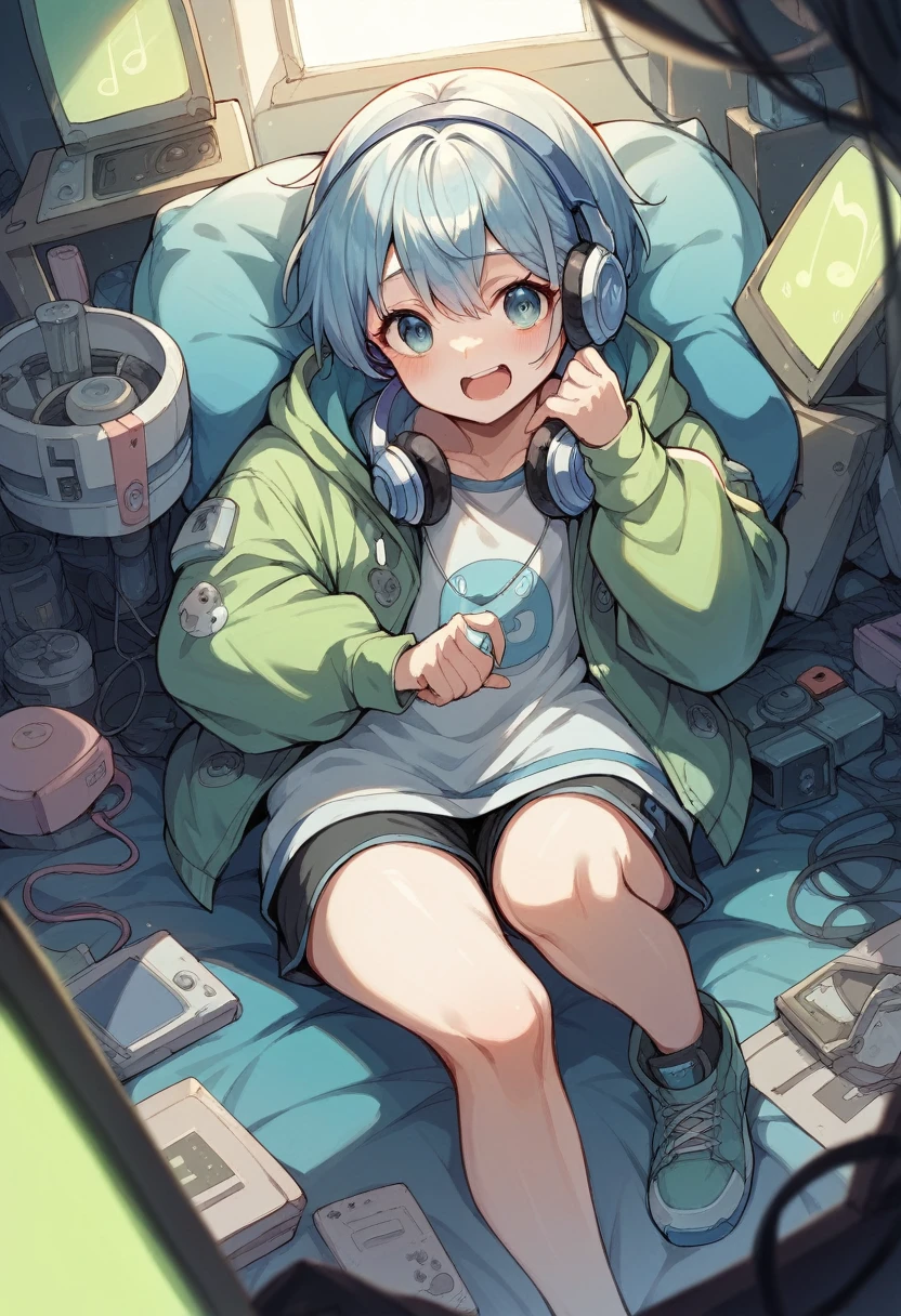 night、Girl listening to music in a cozy room, Use headphones, 2D Style Anime, Lo-Fi, hard disk, Dark Environment