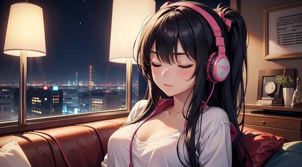 Girl with headphones enjoying music in a home　I am studying　Emphasize a little bit of the big chest　Looking towards me with eyes closed　Night Background