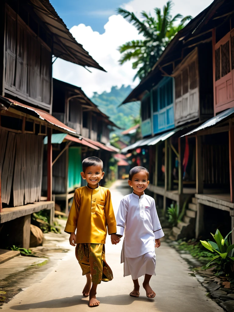 The atmosphere of children in a traditional Malay village in Malaysia 