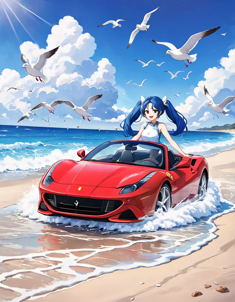 Drive along the beach in a Ferrari、Blue long hair、Beautiful girl with twin tails、Bigger in the center、Splash art that makes you feel the wind、Splash、blue sky、White cloud、Bright smile、Seagulls are flying