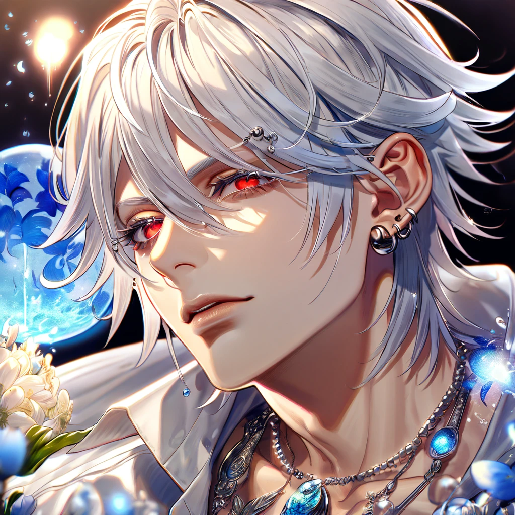 absurdres, highres, ultra detailed, HDR, master piece, Aohitsugi Samatoki, white hair, expressive red eyes, white shirt, long lashes, Hypnosis Mic, sexy man, handsome, best quality, blue moon, flowers, fantasy, magical, solo, water, blue shining fireflies, blue petals, piercings, triangle-shaped necklace