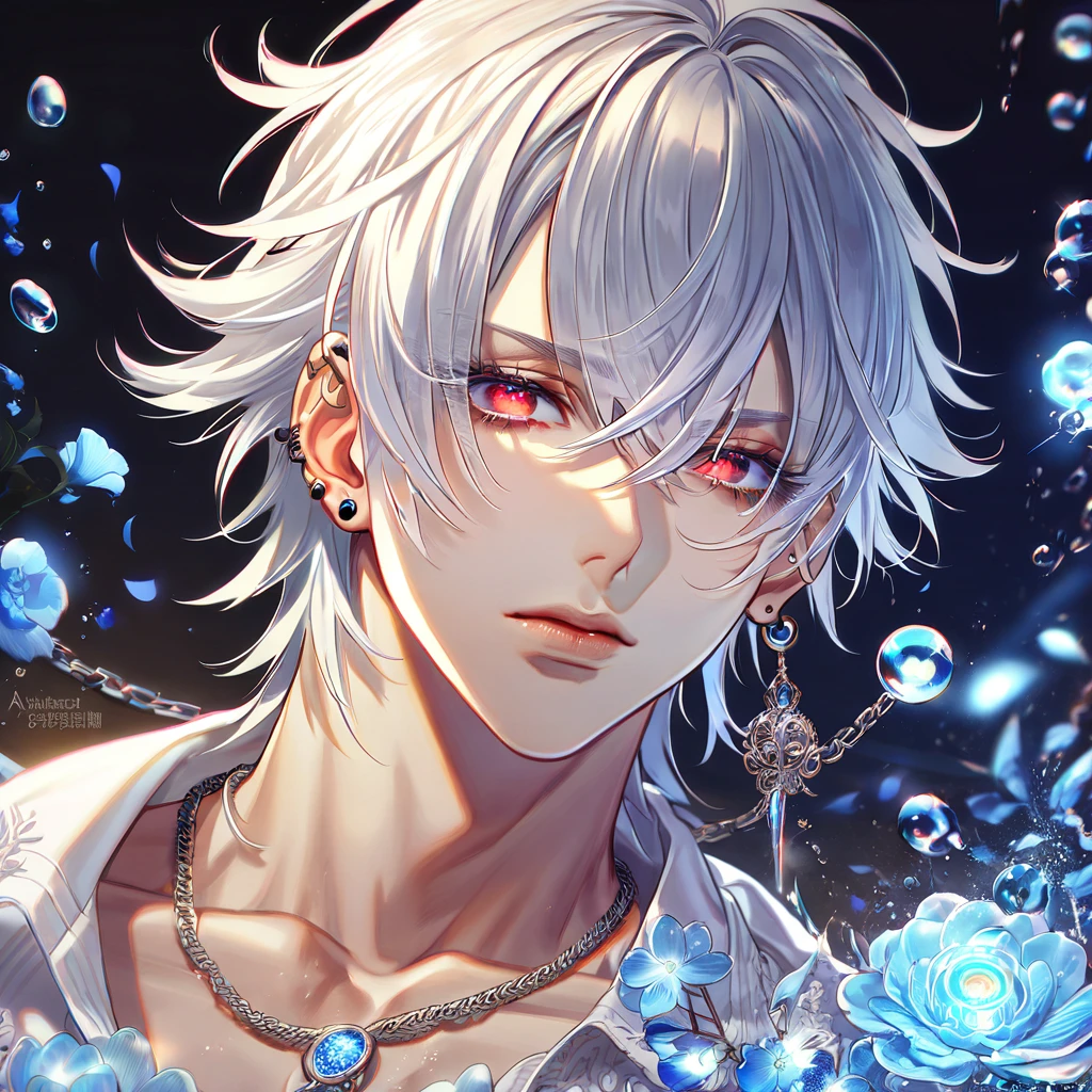 absurdres, highres, ultra detailed, HDR, master piece, Aohitsugi Samatoki, white hair, expressive red eyes, white shirt, long lashes, Hypnosis Mic, sexy man, handsome, best quality, blue moon, flowers, fantasy, magical, solo, water, blue shining fireflies, blue petals, piercings, triangle-shaped necklace