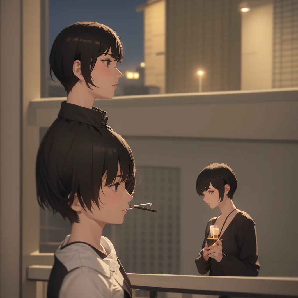 Girl with medium short black hair. At night on a balcony while smoking